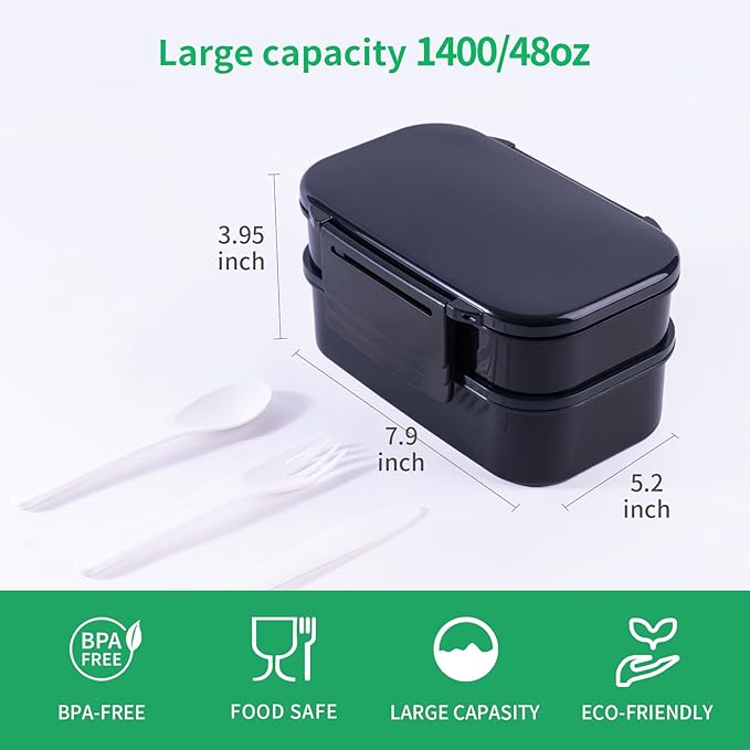 Lunchneo bento box for adults, separate for men and women, set of utensils and dipping containers, cute Japanese bento box, microwave heatable(Black)