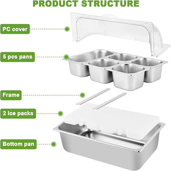 Cold Food Buffet Server 5 Pans (4 Pans×1.6Qt & 1 Pan×4QT) with Ice Packs for Salad Pizza Sauce Colded Serving Trays Condiments Containers for Parties Buffet