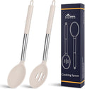 HOTEC Heat Resistant Large Silicone Cooking Spoon, Solid Slotted Spoons, Nonstick Kitchen Cookware Utensils, Mixing, Serving, Stiring Large Spoons, Khaki
