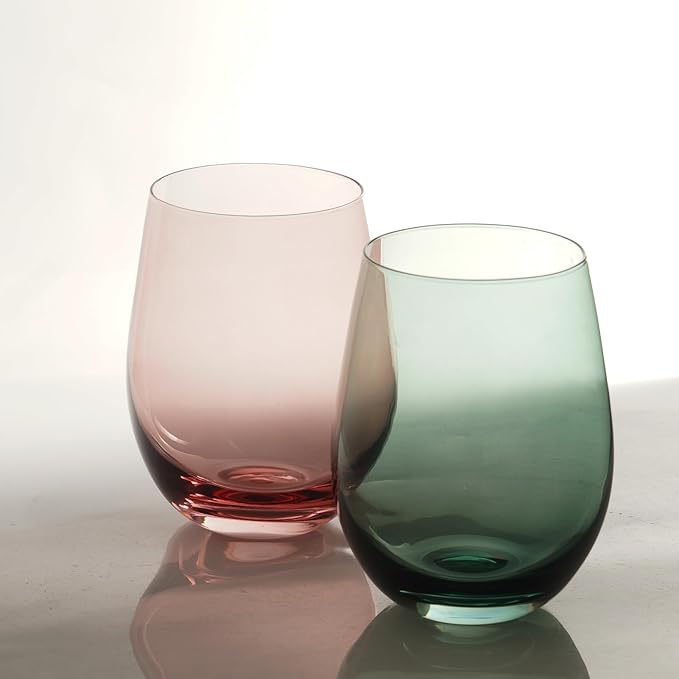 Colored Stemless Wine Glasses for Red or White Wine (Set of 2), 18-Ounces, Large Wine Glasses for Cabernet, Pinot Noir, Burgundy, Bordeaux (Red&Green O Wineglass Set of 2)