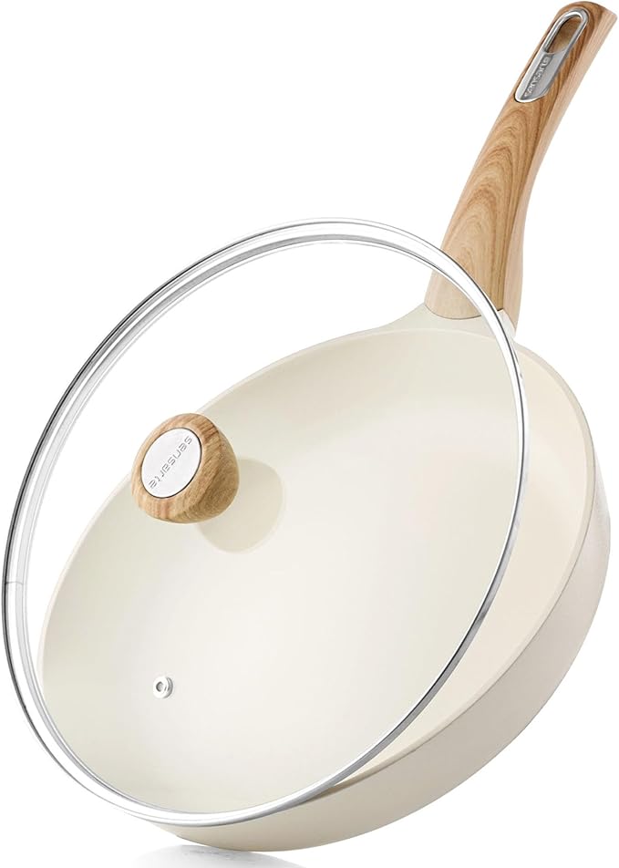 SENSARTE Ceramic Nonstick Frying Pan Skillet with Lid 8inch Non Stick Omelet Pans, Non-toxic Healthy Kitchen Cooking Chefs Pan, Free of Intentionally Added PFOA/PFAS/PTFE, Induction Compatible, White