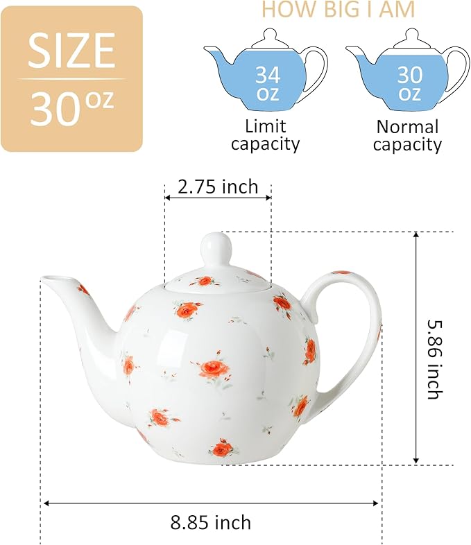 30oz Porcelain Teapot (4 Cups) - Elegant Floral Ceramic Tea Pot with Vibrant Roses, Ideal for Loose Leaf & Bagged Tea, Dishwasher Safe