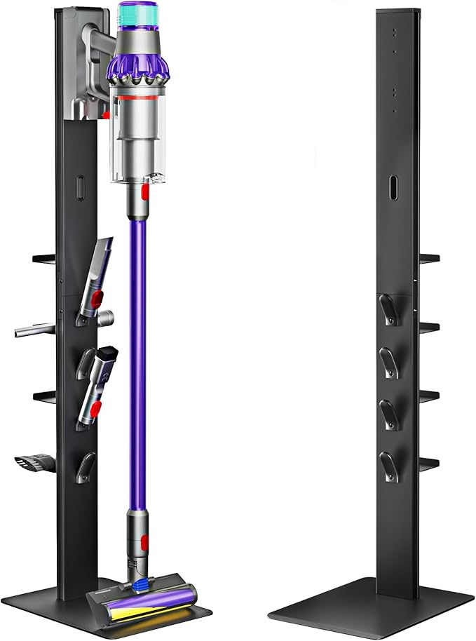 Vacuum Cleaner Stand, Compatible with Dyson Gen5 V15 V12 V11 V10 V8 V7 V6, Floor Cordless Vacuums Attachment Holder with 4 Hooks and 4 Shelves, Metal Storage Bracket Organizer, Black