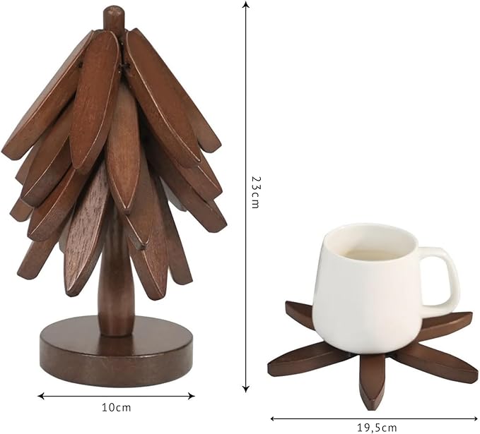 Artisanal Wooden Coasters Trivets Set – Foldable Wooden Tree Trivet with 4 Coasters & Stand – Heat Resistant Hot Plate Holder & Kitchen Accessories for Dining Table