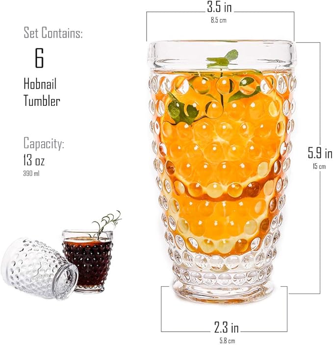 G Hobnail Glassware 6 Set Old Fashioned Iced Beverage Drinking Glasses, 13.3 oz Premium Tall Highball Water Glasses Cups For Juice Cocktail Mojito Wine,Beer, Tea, Mixed Drinkware,Parties Restaurants