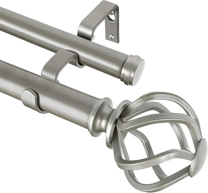 KAMANINA 1 Inch Double Curtain Rods 66 to 120 Inches (5.5-10 Feet) Telescoping Heavy Duty Drapery Rod for Windows 54 to 115 with Twisted Cage Finials, Antique Silver