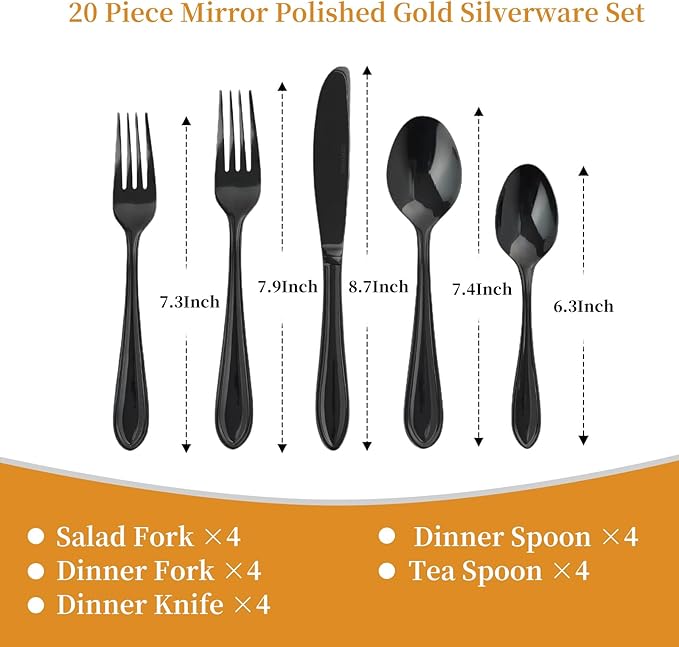 Black Silverware Set, 20-Piece Stainless Steel Flatware for 4, Heavy-Duty 18/0 Stainless Steel Utensils,Mirror Polished Dishwasher Safe for Home & Kitchen Dining