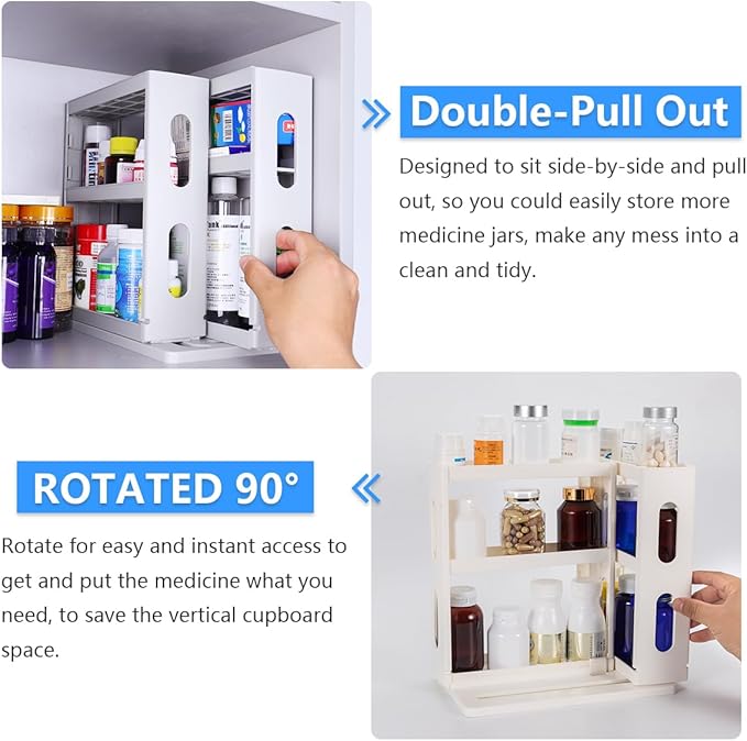 Medicine Organizer 2 Three-Decker Shelves Cabinet Storage Rack Organizer for Holding Vitamins, Supplements Cosmetics 10.82”H x 5.82”W x 10.43”D (Creamy White)