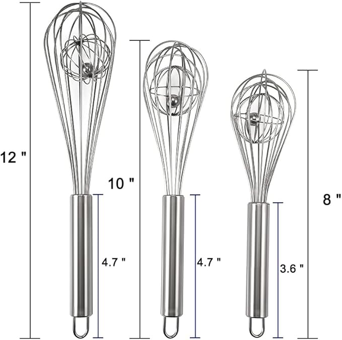 3 Pack 8, 10, 12 inches Balloon Whisk Double Balloon Wire Whisk Blending Whisking Beating Stirring Egg Beater Stainless Steel (with inside Ball)