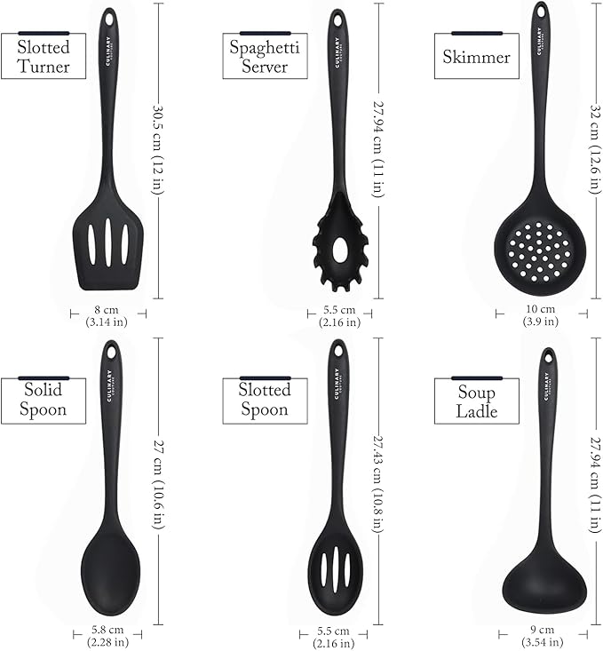 Culinary Couture Black Silicone Kitchen Utensils Set of 6, Non-Stick Heat-Resistant Silicone Kitchen Utensils Set with Steel Inner Core