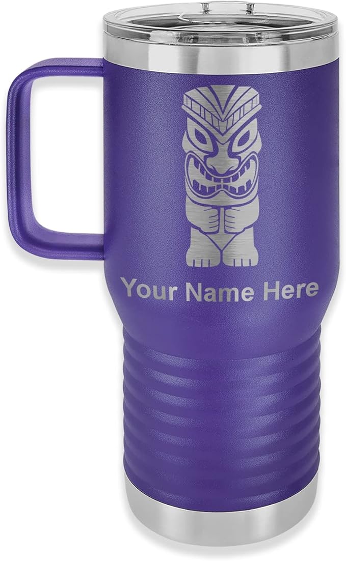 LaserGram 20oz Vacuum Insulated Travel Mug with Handle, Tiki Statue, Personalized Engraving Included (Dark Purple)