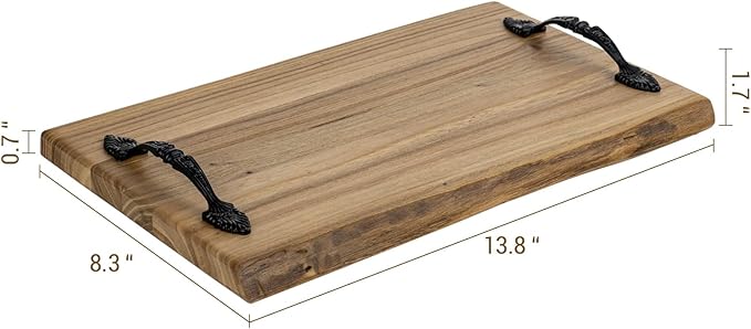 MyGift 14 Inch Vintage Solid Reclaimed Wood Serving Tray with Black Metal Handles, Rustic Wooden Decorative Display Platter, Home Table Kitchen Counter Decor