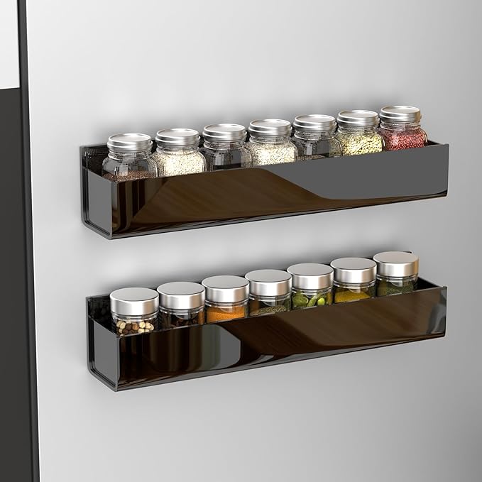 PMMASTO Adhesive Acrylic Spice Rack Organizer for Wall with Nano Double Sided Tape, Spice Shelf Organization for Kitchen Cabinet Door/Pantry Door, Wall Mount Seasoning Rack (Black-2 Pack)