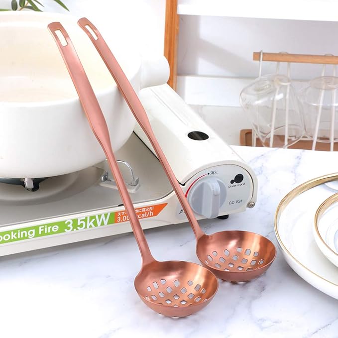 Buyer Star 2 Pcs Soup Ladle Colander, Rose Gold Cookware Serving Long Handle Steel Slotted Spoon Cooking Utensil Set for Hotpot