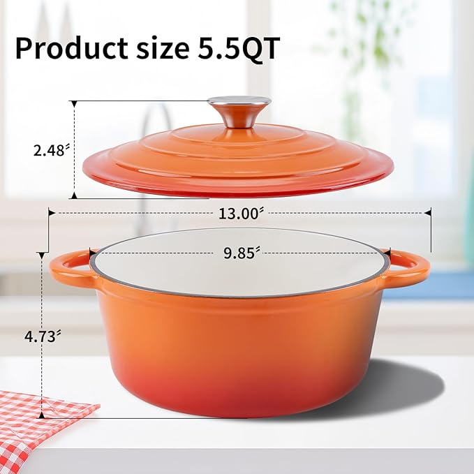 Enameled Cast Iron Dutch Oven Pot with Lid Heavy-Duty Cookware for Bread Baking,Braising,Stews,Roasting,Oven Safe up to 500°F,5.5QT,orange