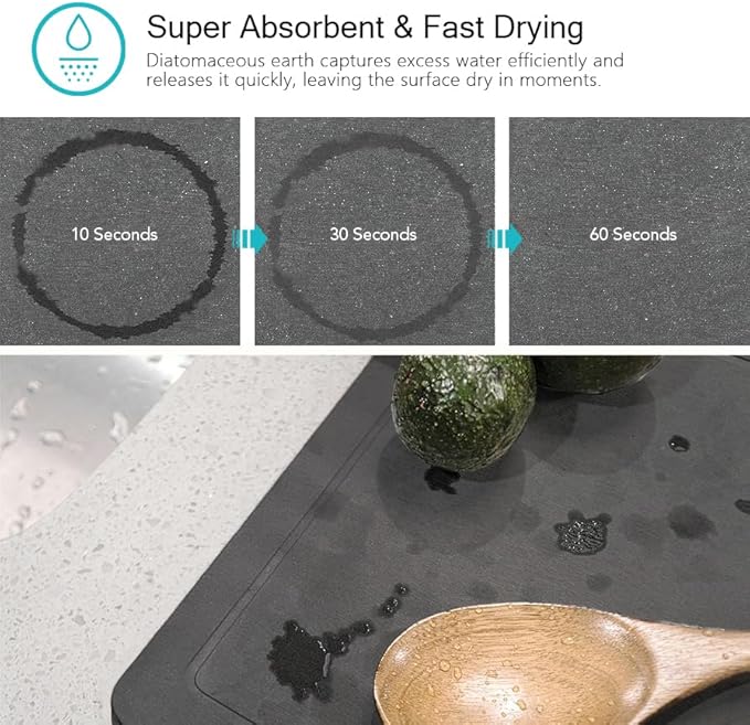 SunnyPoint 304 Stainless Steel Dish Drying Rack with Diatomaceous Earth Drainboard & Removable Utensil Caddy – Rust Resistant Countertop Dish Rack for Kitchen (Black)