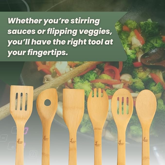 6 Piece kitchen utensils set - bamboo cooking utensils with comfort grip, including bamboo spoons, shovels & spatulas | wooden utensil set for non-stick pans, kitchen essentials