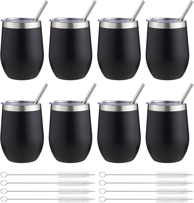 12 oz Insulated Wine Tumbler with Lid and Straw,Stainless Steel Stemless Wine Tumbler Glasses Double Wall Vacuum Wine Cups Tumbler Bulk for Coffee,Cocktail,Office(Black,8)