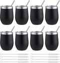 12 oz Insulated Wine Tumbler with Lid and Straw,Stainless Steel Stemless Wine Tumbler Glasses Double Wall Vacuum Wine Cups Tumbler Bulk for Coffee,Cocktail,Office(Black,8)