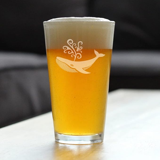 Whale Pint Glass for Beer - Beach Themed Decor and Gifts for Whale Lovers - 16 Oz Glasses