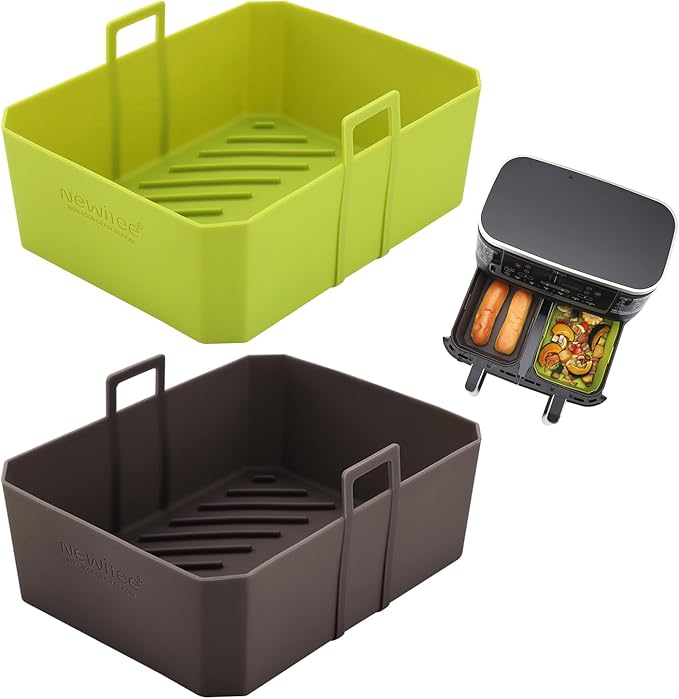 Air Fryer Silicone Liners 10QT For Ninja DZ550/DZ401, 2 Pack BPA Free Platinum Silicone Air Fryer Basket Liner with Handle, Rectangle Dual Basket Air Liners, Upgraded