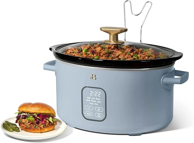 Beautiful 6 Qt Programmable Slow Cooker by Drew Barrymore - 5 Preset Cooking Functions, Digital Countdown Timer, Dishwasher-Safe Parts, and Cool-Touch Handles (Cornflower Blue)