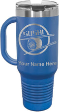 LaserGram 40oz Vacuum Insulated Travel Mug with Handle, Sushi, Personalized Engraving Included (Dark Blue)