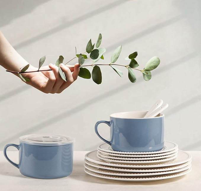 Soup Bowls with Handles & Spoons, 30oz Ceramic Ramen Bowl with Lid, Large Soup Mugs/Cups for Instant Noodle, Big Cereal Bowls for Oatmeal, Soup Containers with Lids, Set of 2, Sky Blue
