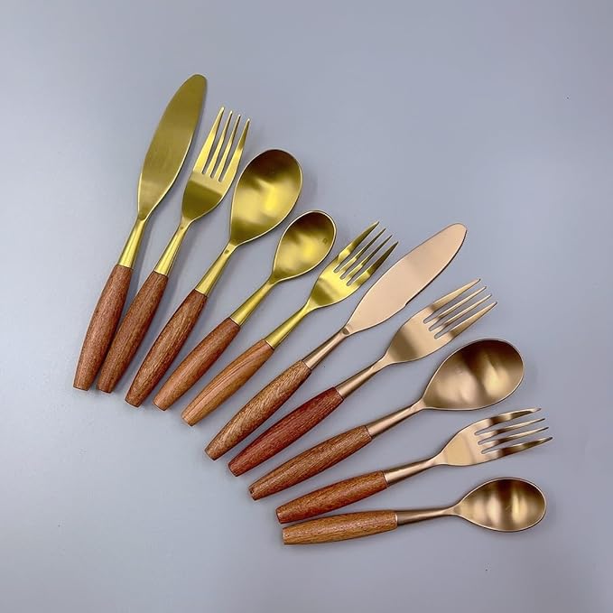 20 piece Wooden Handle Gold Silverware Set for 4 Gold Utensil Set Cutlery Flatware Set Food-Grade 18/8 Stainless Steel Spoons And Forks Set Matte Utensil Sets Dishwasher Safe for Home & Kitchen