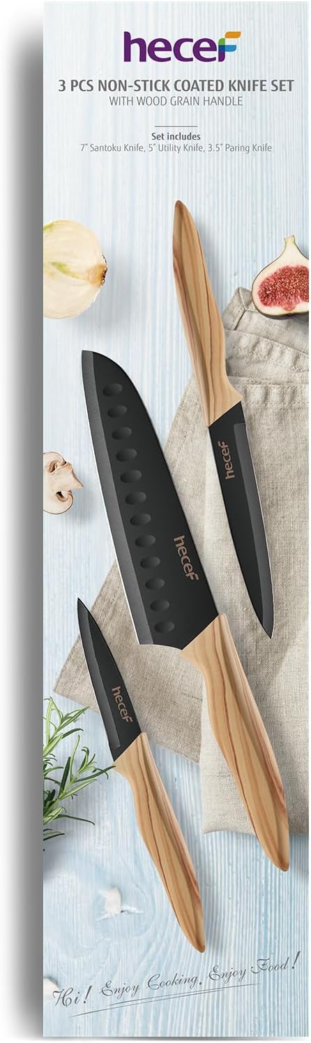 hecef Vintage Kitchen Knife Set of 3, Stainless Steel Blade with Black Non-stick Coating, Sharp Kitchen Knives Includes Santoku, Utility, Paring