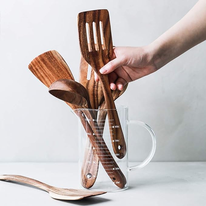 5 Pcs Best Wooden Spoons for Cooking Kitchen Utensils Set Acacia Wood Cooking Spatula Turner Non Toxic Utensil Slotted Serving Spoon Flat Spatulas Set Wooden Utensis Mixing Cooking Spoon Kitchen Tools