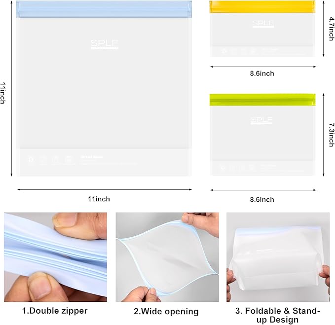 SPLF 10 Pack Stand-Up Reusable Food Storage Bags Dishwasher Safe, BPA Free Reusable Freezer Bags, Extra Thick Leakproof for Meal Prep, Sandwich, Bread, Veggies - 3 Gallon 4 Quart 3 Snack