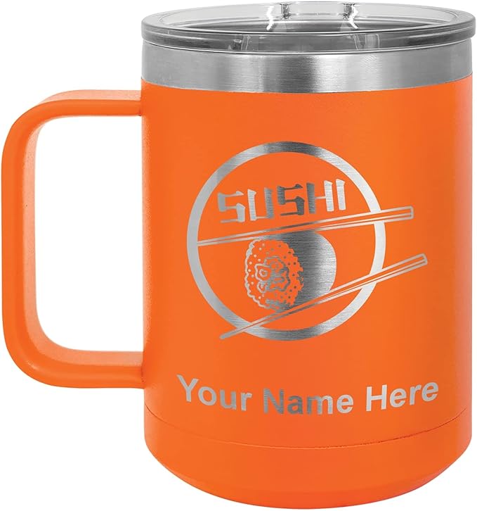 LaserGram 15oz Vacuum Insulated Coffee Mug, Sushi, Personalized Engraving Included (Orange)