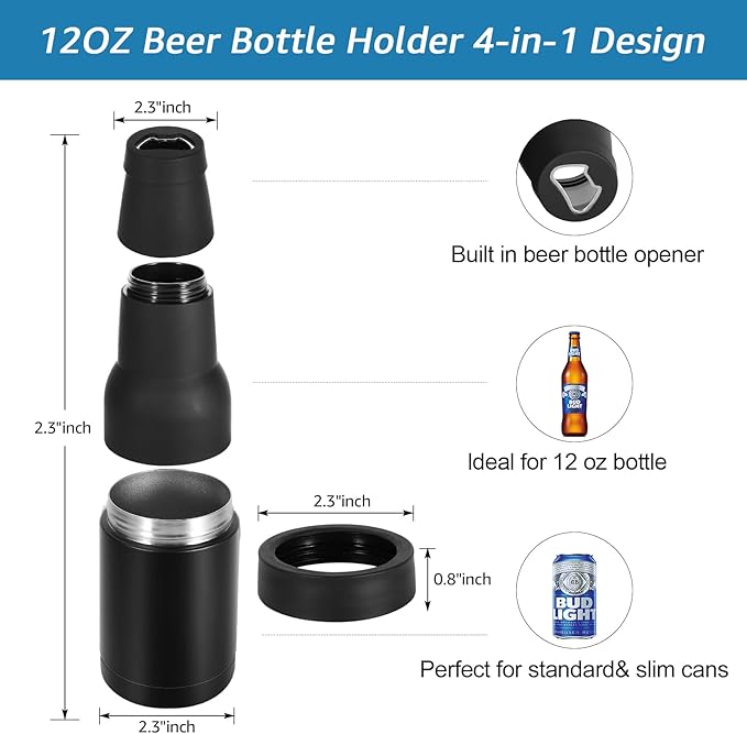 Beer Can Cooler, 12Oz Beer Bottle Cooler With Beer Opener, 3 In 1 Slim Can Cooler Insulated, Vacuum Insulated Double Walled Stainless Steel Beer Bottle Holder