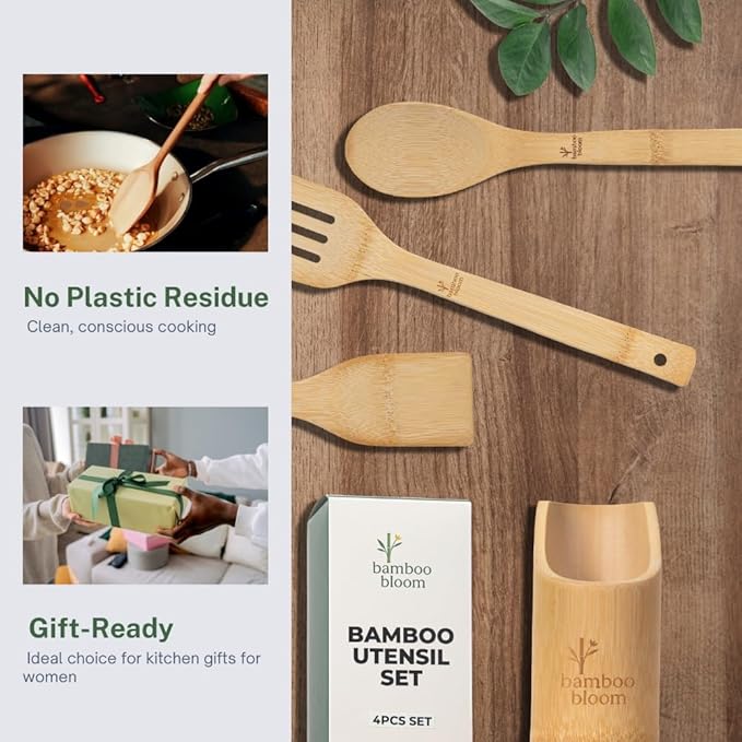 4 Piece kitchen utensils set - bamboo cooking utensils with comfort grip, including utensil holder, bamboo spoons, shovels & spatulas | wooden utensil set for non-stick pans, kitchen essentials