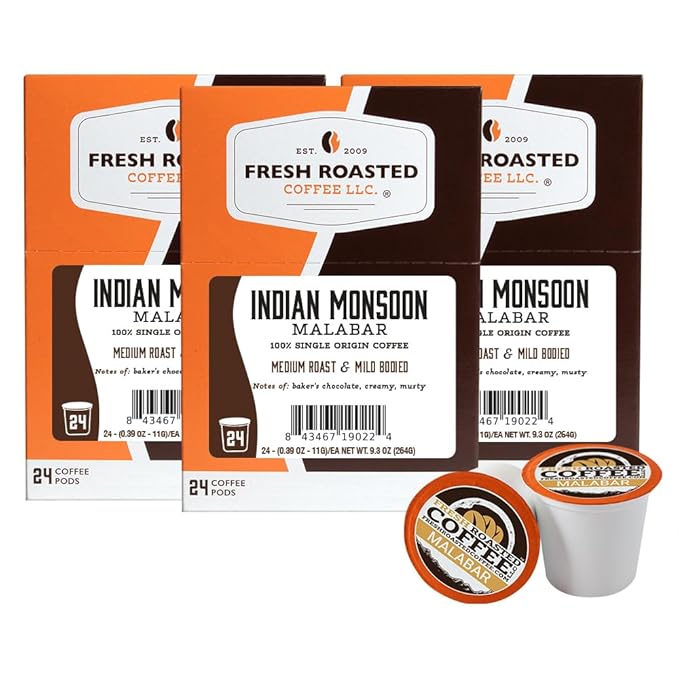 Fresh Roasted Coffee, Indian Monsoon Malabar, Light Roast, 72 Pods for K Cup Brewers