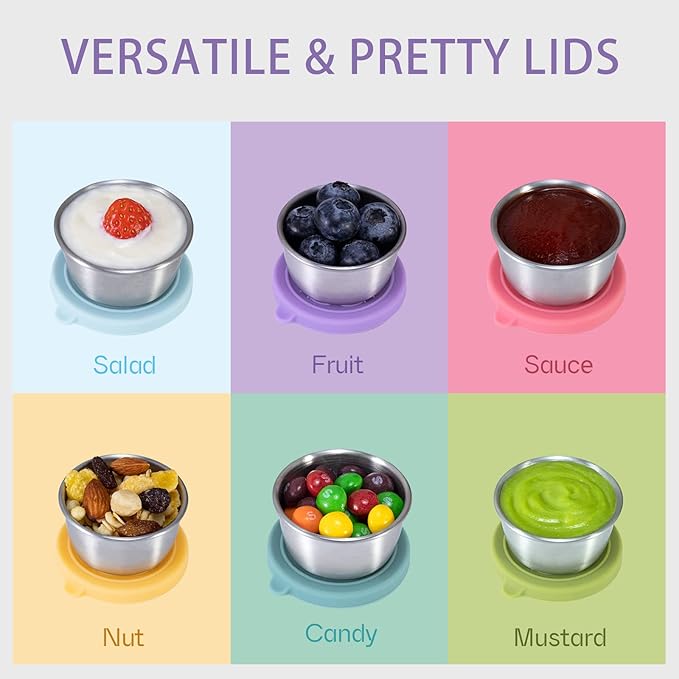 Salad Dressing Container To Go, 6x1.6oz Dressing Sauce Containers for Lunch Box, Stainless Steel Small Condiment Containers with Lids, Reusable Dip Sauce Cups with Lids, Leakproof Condiment Cups