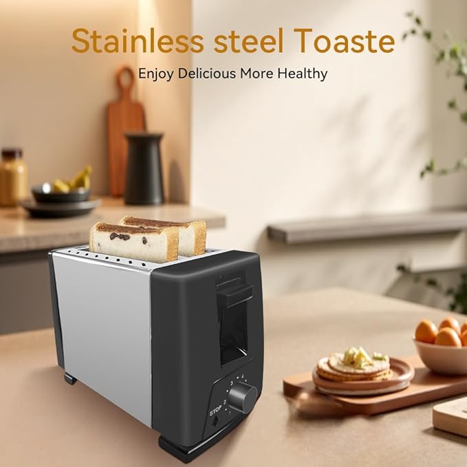 Sleek 2-Slice Toaster with Wide Slots – 6 Adjustable Settings, Defrost for Frozen Bread, Removable Tray, Compact Stainless Steel Design – Modern kitchen appliances Essential (Black)
