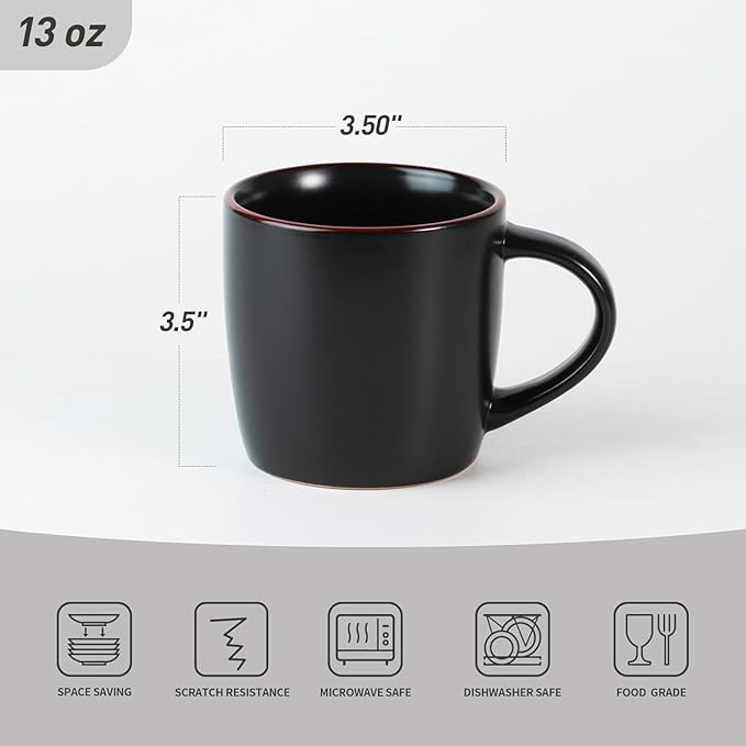 famiware Mercury Coffee Mugs 13 oz, Coffee Mugs Set of 6 with Handle, Cups for Latte, Hot Tea, Cappuccino, Mocha, Cocoa, Black