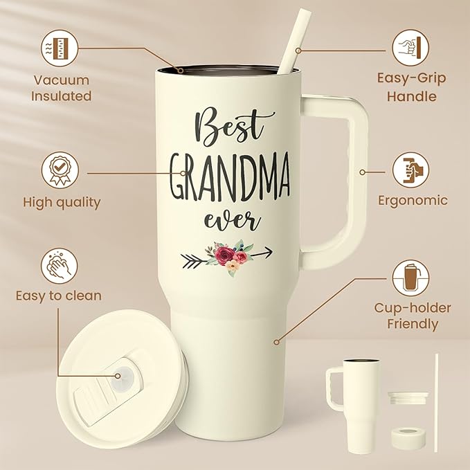Grandma Tumbler with Handle 40oz, Grandmother Gifts from Granddaughter Grandson, Stainless Steel Tumblers Coffee Travel Cup, Gifts for Nana Mimi Grandmom on Birthday Christmas Mothers Day Valentines