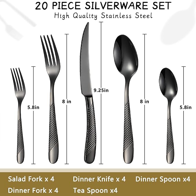 Black Silverware Set 20-Piece Stainless Steel Flatware Set for 4 Including Fork Spoon and Knife Kitchen Cutlery Utensils Set for Home Restaurant Hotel