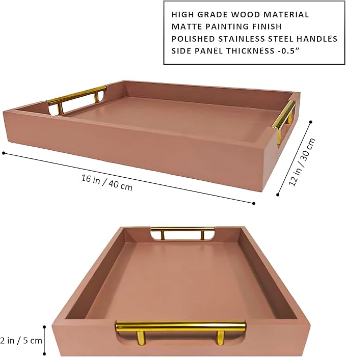 Wooden Decorative Coffee Table Tray, 16" Serving Tray with Gold Handles for Ottoman, Living Room, Perfume, Vanity Dresser Organizer (Mocha)