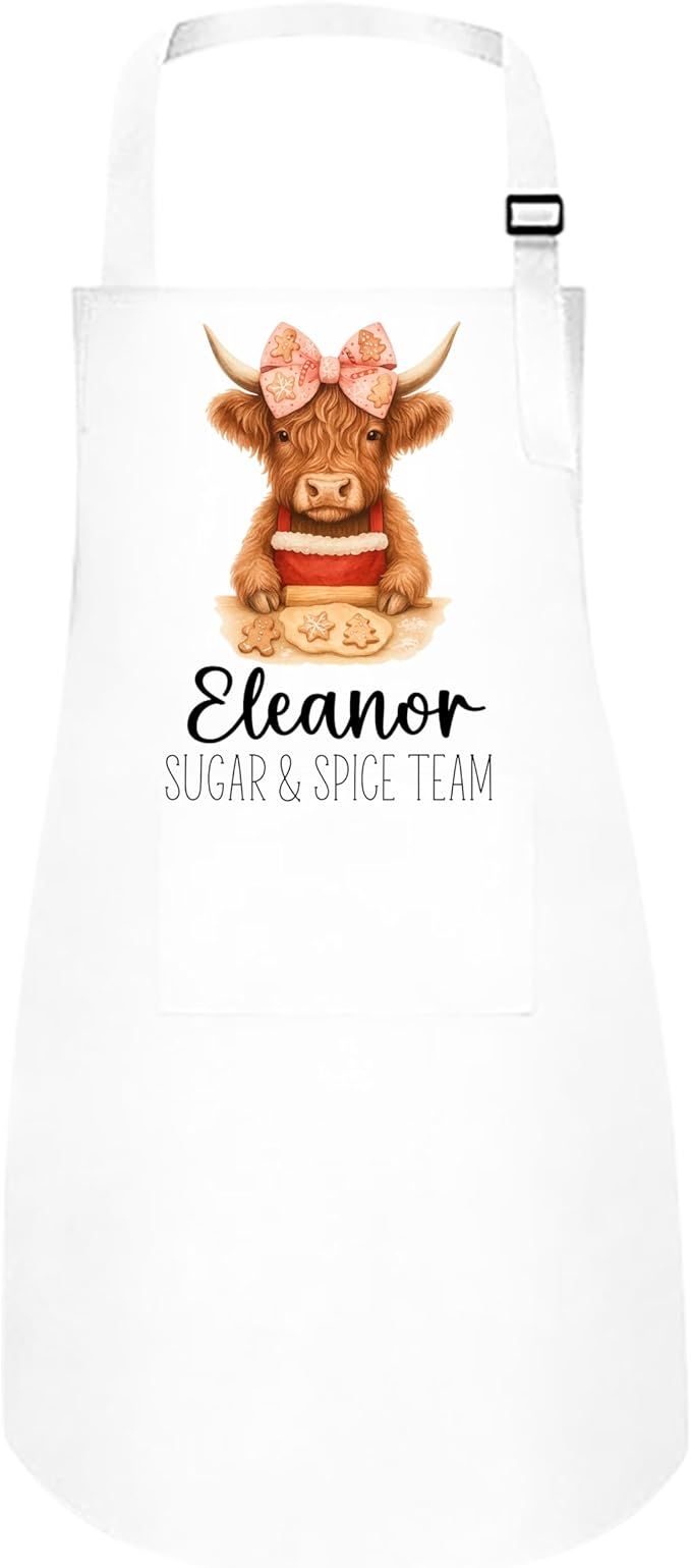 Personalized Mommy & Me Highland Cow with Bow Apron Set – Christmas Matching Family Baking Gift