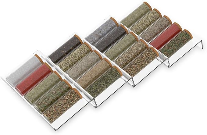 Expandable Acrylic Spice Drawer Organizer – 4-Tier Clear Seasoning Rack Insert for Kitchen Drawers, Adjustable from 9" to 18", Fits Most Spice Jars (Jars Not Included) 4-Pack