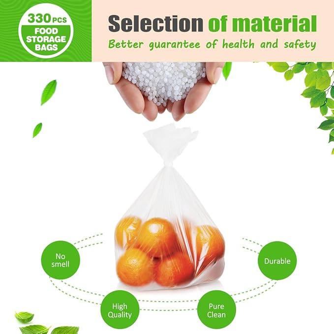 Teivio 330 Count 10" x 14" Plastic Produce Bags on A Roll, Clear Kitchen Disposable Plastic Storage Bags for Bread Fruit Vegetable