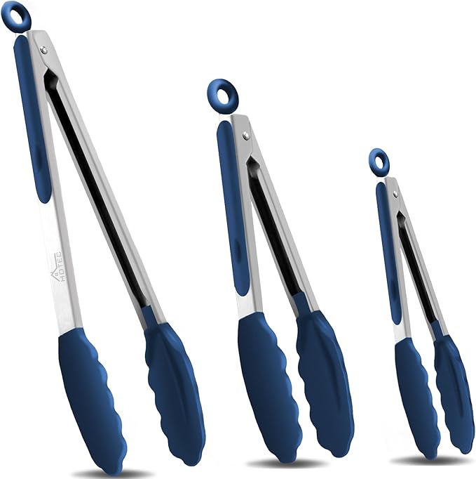 HOTEC Premium Stainless Steel Locking Kitchen Tongs with Silicon Tips, Set of 3-7", 9" and 12" (Classic Blue)