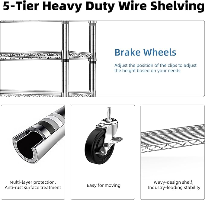 5-Tier 2200LBS Storage Shelves,Adjustable Wire Shelving for Pantry Organizers and Storage Heavy Duty Garage Shelving for Kitchen, Basement,Warehouse(Chrome,17,7Dx 47.2" W x 76.7" H)