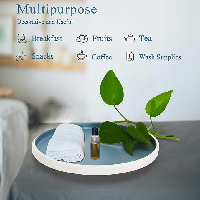 Decorative Serving Tray Round Food Tray Blue Coffee Table Tray Plastic Tray for Serving Food, Breakfast, Fruit, Snack, Drinks in Kitchen Living Room/Bedroom or Office