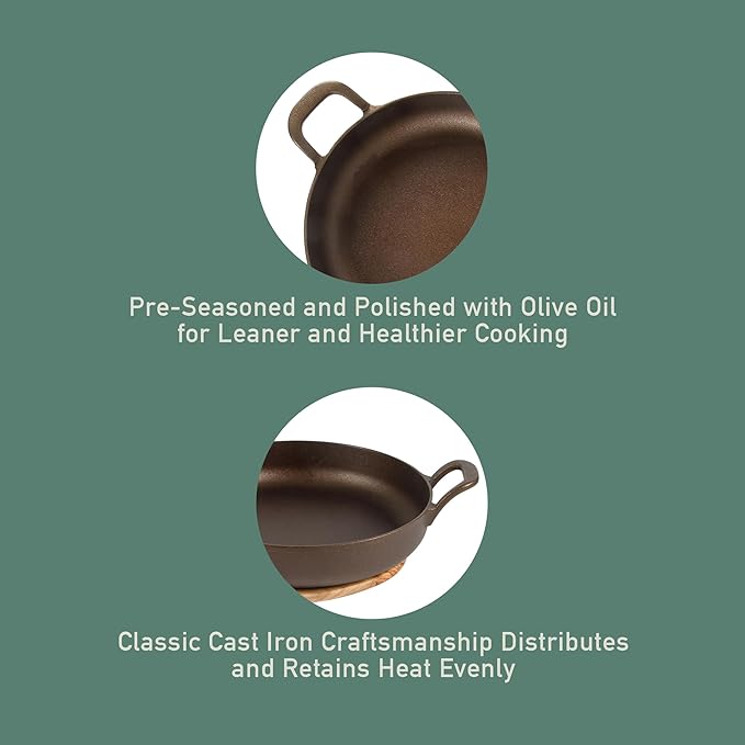 Bloomhouse - Two Time Oprah's Favorite Things Winner - Natural Bronze Finish 10" Cast Iron Skillet w/Long Handle, Helper Handle & Olive Wood Trivet – Olive Oil Treated Fry Pan, Oven & Stovetop Safe