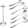 Stainless Steel Cooking Utensils Set with Holder, 7-Pieces All Metal Kitchen Utensils, 15’’ Long Kitchen Tools with Countertop Rotating Stand, Spatula, Ladle, Skimmer, Tunner, Pasta, Large Spoon